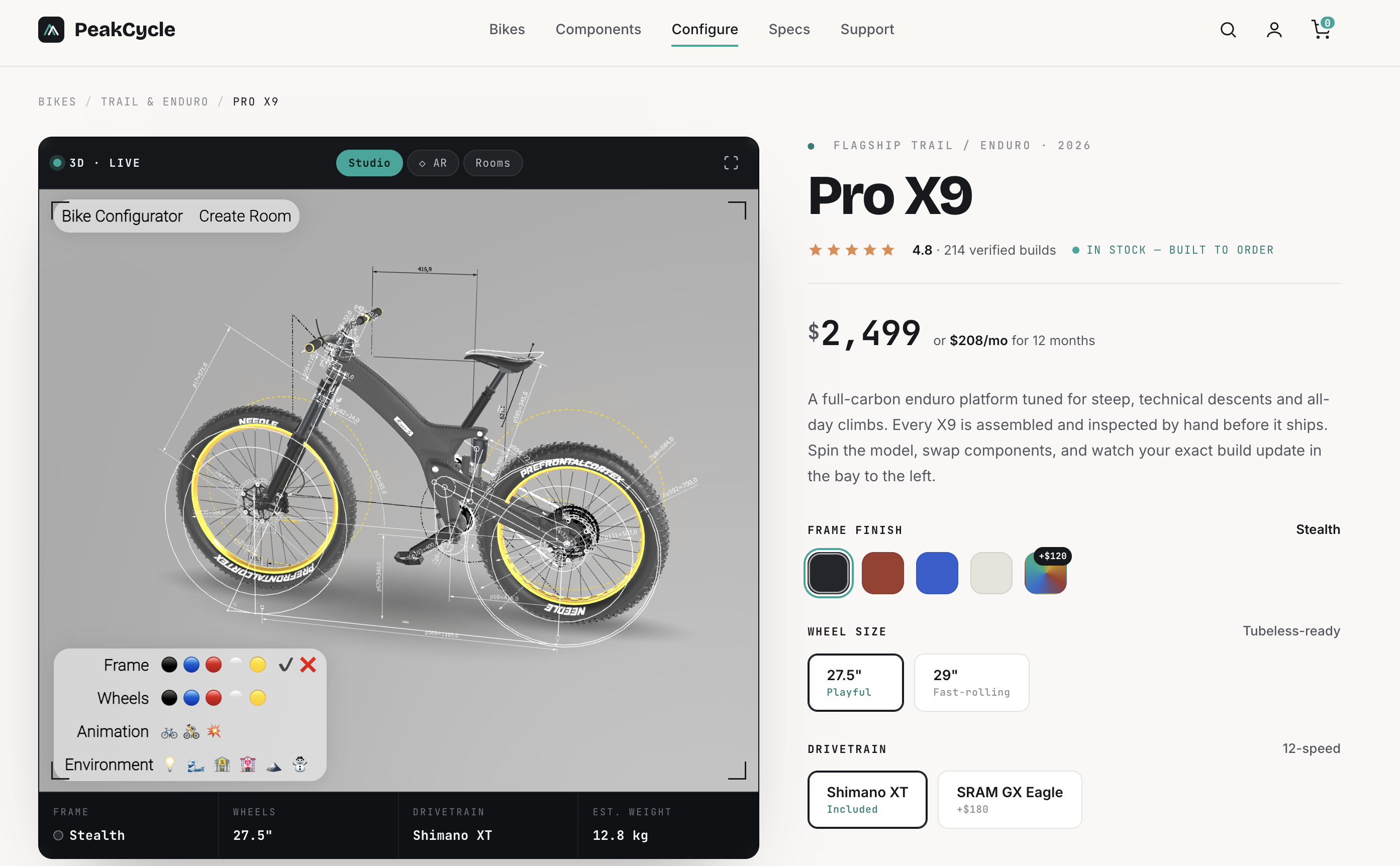 Interactive 3D product configurator — a shopper builds a custom carbon bike by choosing frame, wheels, and drivetrain, with the 3D model updating live and an AR preview, built by Tommy at xImmersion